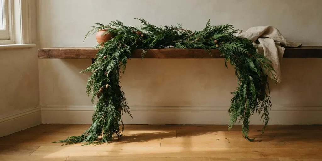 A thick fresh cedar garland on a mantel with both ends trailing well below the mantel edge