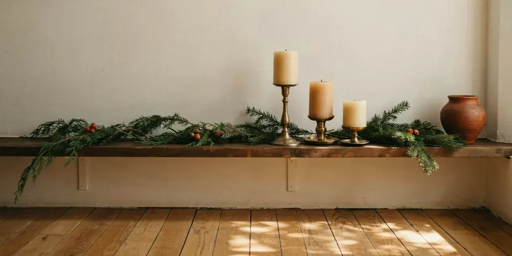 Cream candles in brass candlesticks of three different heights grouped at one end of a garland-covered mantel