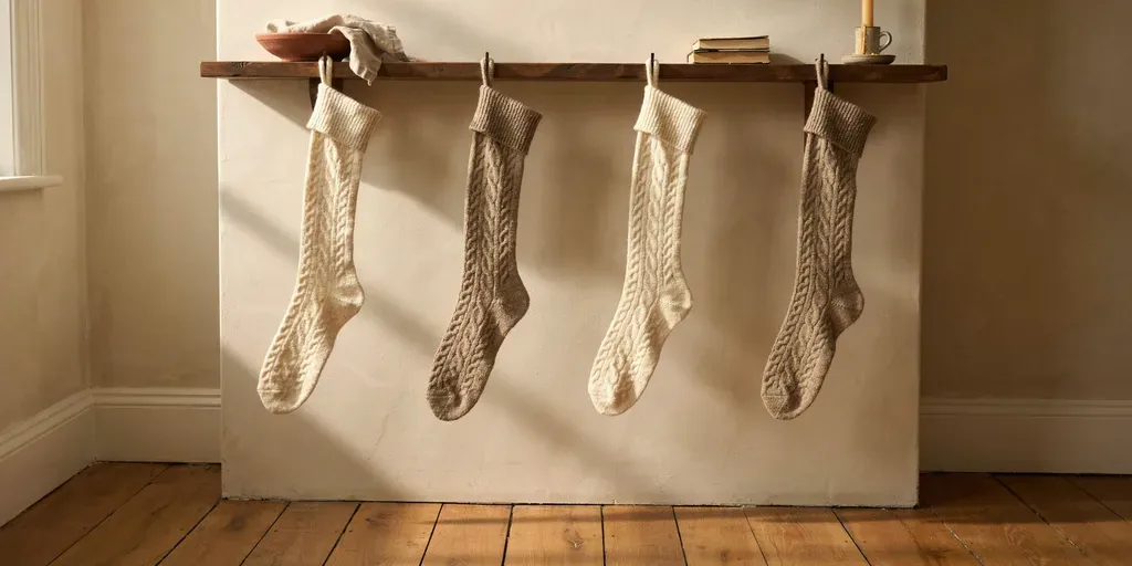 Four cream and oatmeal knit stockings hung at equal spacing from a plaster mantel