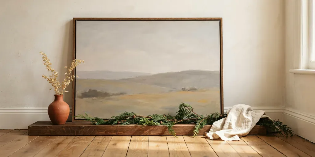 A large framed muted landscape painting leaning against the wall on a mantel, cedar garland across its lower edge