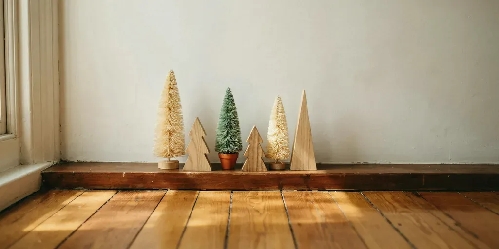 Five small bottle-brush and wooden trees of different heights in a row on a mantel