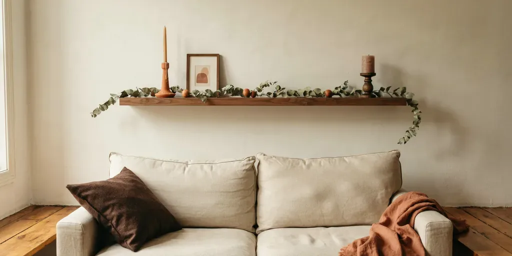 A long floating walnut shelf above a sofa styled like a mantel with a garland, two candlesticks and a small framed print