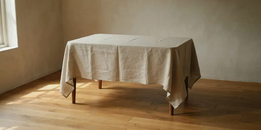 An oak dining table covered with a slightly creased oat linen tablecloth hanging well over the edges