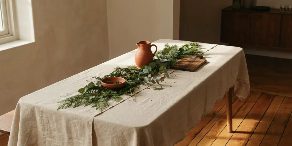 A loose runner of cedar, eucalyptus and pine laid straight on a linen tablecloth down the center of a table