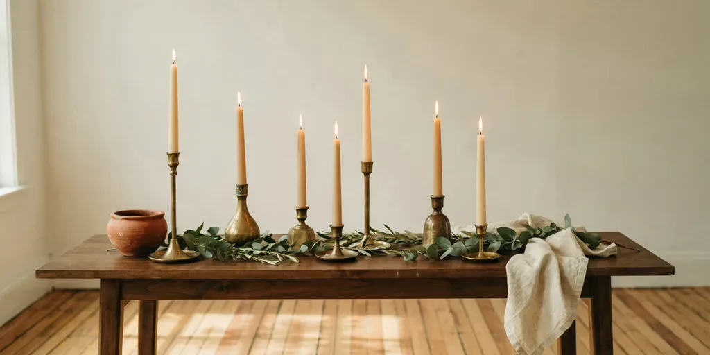 A row of cream taper candles in mismatched unlacquered brass candlesticks along a greenery runner, lit