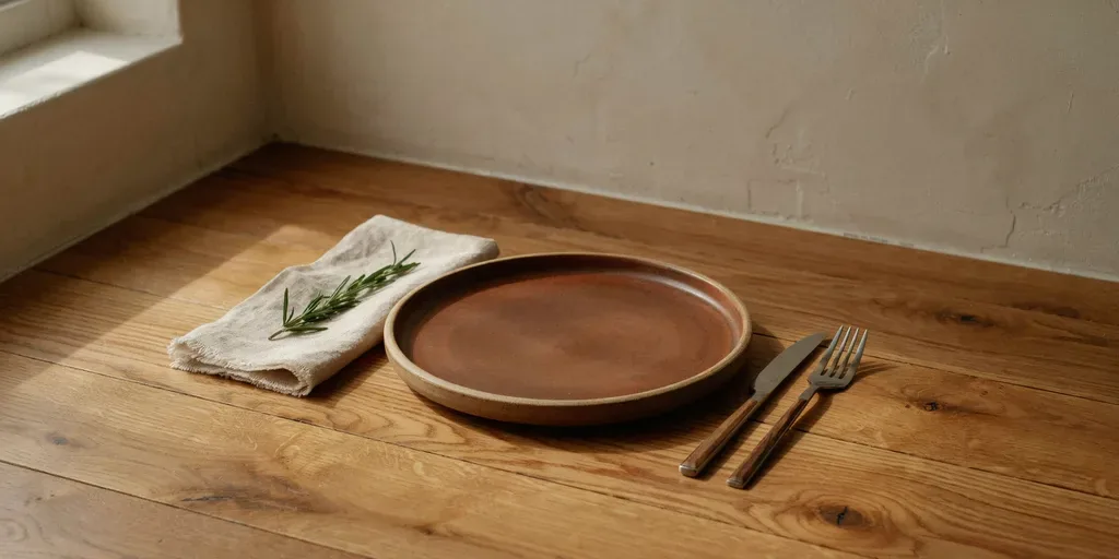 A place setting with a stoneware plate, a folded linen napkin and one sprig of rosemary laid on top