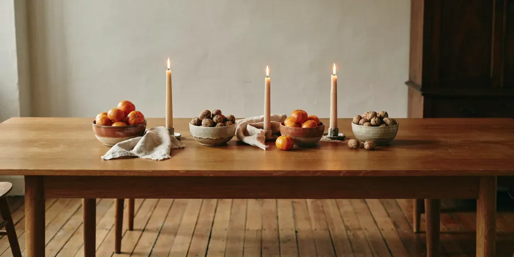 Small stoneware bowls of clementines and whole walnuts placed along a dinner table between candles