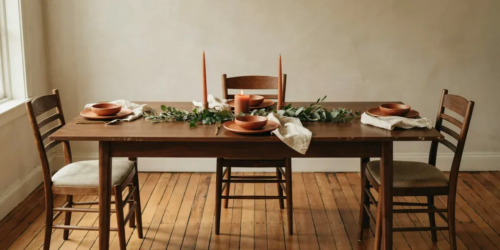 A dinner table seen at seated eye level with a low greenery runner and candles below face height, chairs pulled out