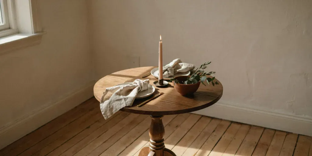 A small round walnut table set for two with linen napkins, one taper candle and a small bowl of greenery