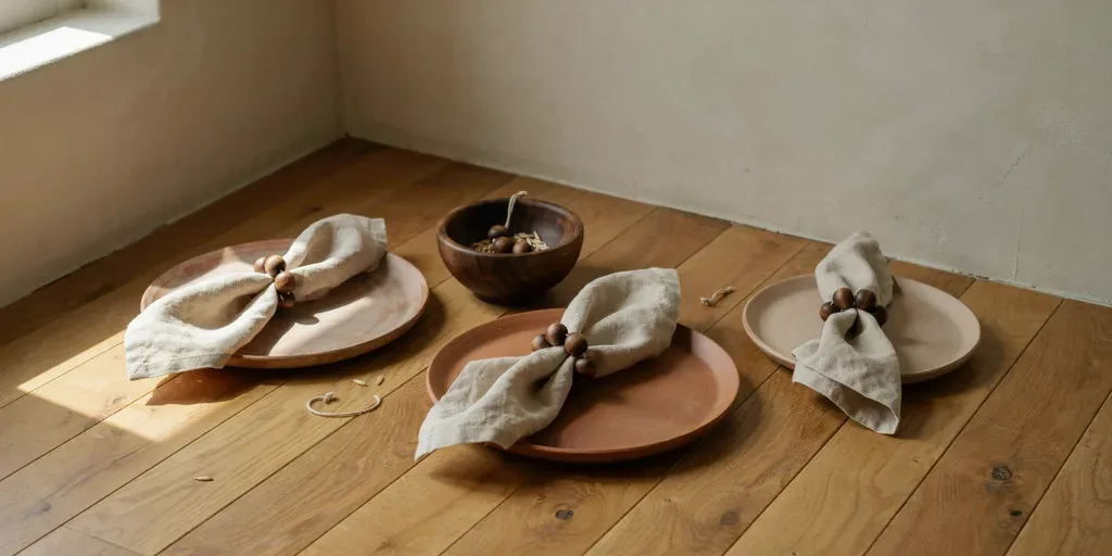 Linen napkins tied with a loop of raw wooden beads on stoneware plates