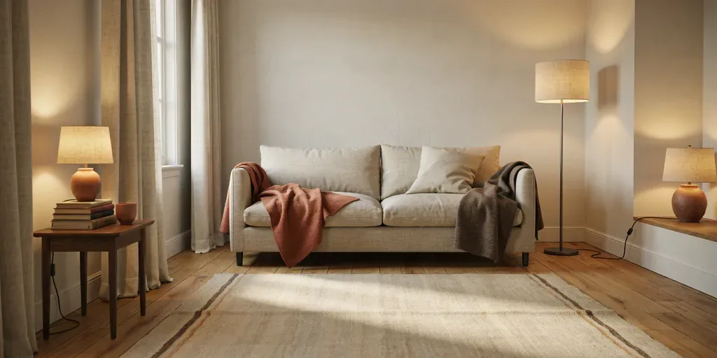 A small living room in the evening lit by lamps, with an oat linen sofa, wool throws, a large wool rug and tall linen curtains