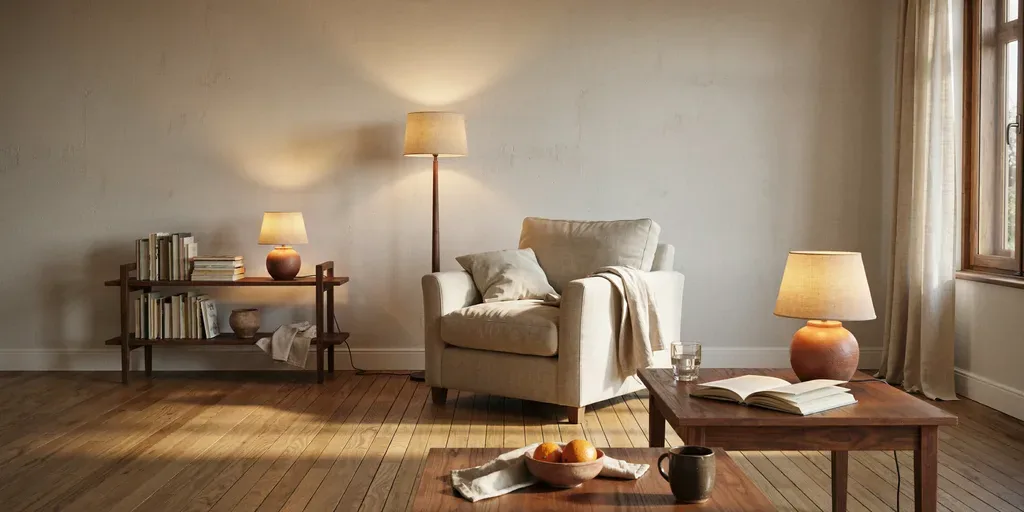 A living room lit only by a ceramic table lamp, a floor lamp behind an armchair and a small lamp on a shelf