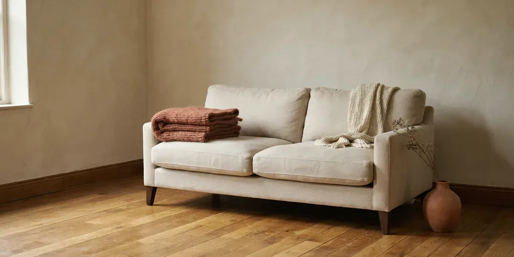 A linen sofa with a folded wool blanket on one arm and a knit throw over the back