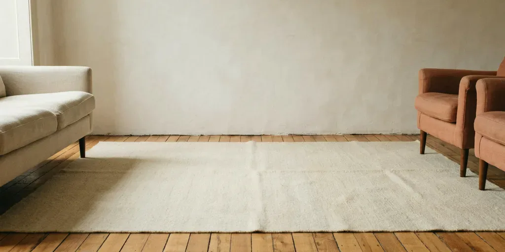 A large cream wool rug with the front legs of a sofa and two armchairs resting on it
