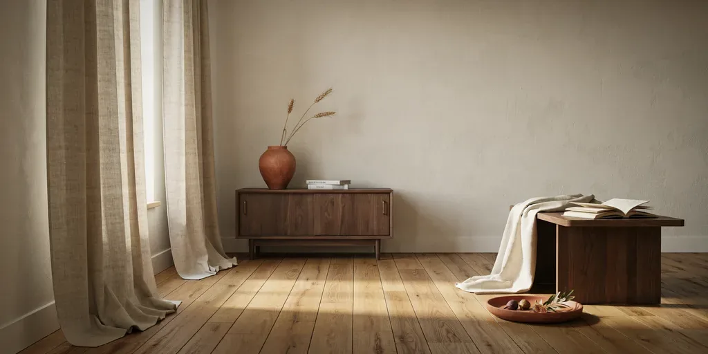 Tall oat linen curtains hung from just below the ceiling, pooling slightly on oak floorboards