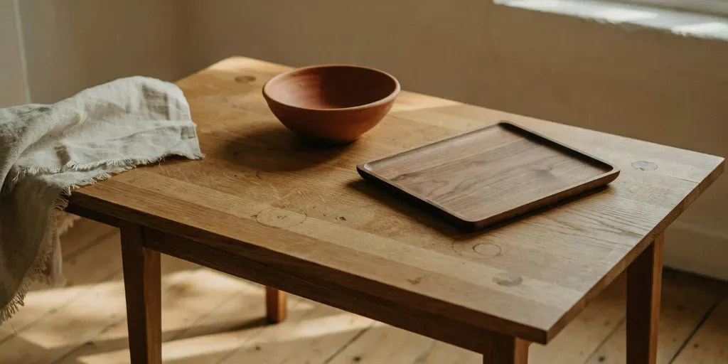A close view of an oak coffee table with a clay bowl, a wool throw edge and a walnut tray