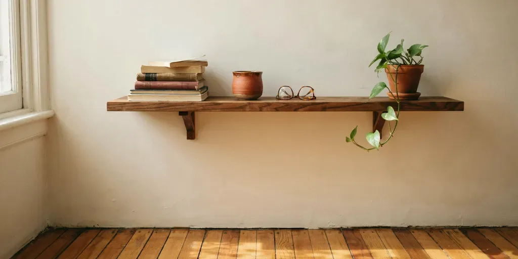 A walnut shelf with used books, a clay mug, reading glasses and a small plant
