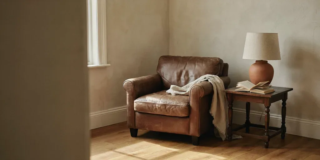A worn leather armchair with a side table, a lamp and a book face down, in a corner by the window