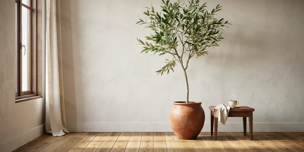 A tall potted olive tree in a terracotta pot beside a window in a living room