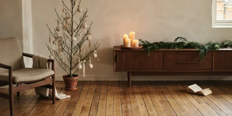 A small living room at dusk with a slim tree in cream and wood ornaments, a cedar garland on a walnut sideboard and lit cream candles