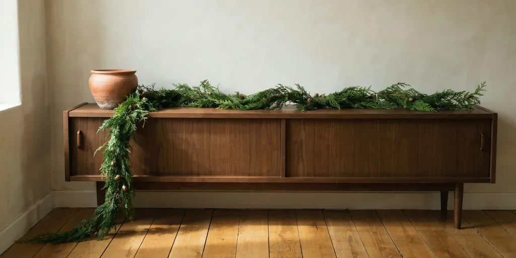 A fresh cedar garland draped loosely along a low walnut sideboard