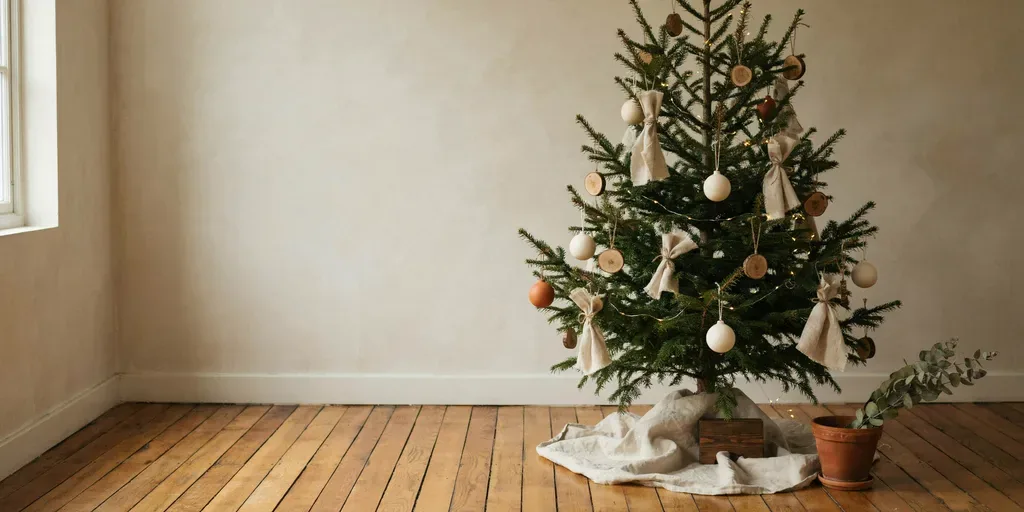 A slim Christmas tree hung only with cream ceramic, raw wood and linen ornaments