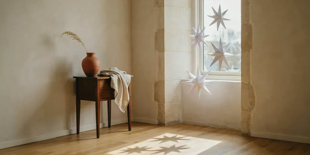 Three folded white paper stars hanging at different heights in a deep window