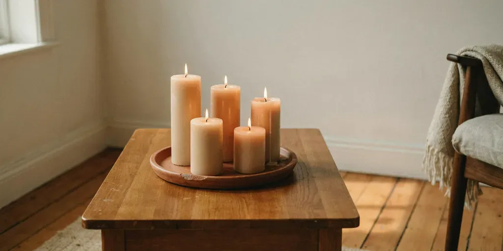 Five cream pillar candles of different heights grouped on a terracotta clay tray