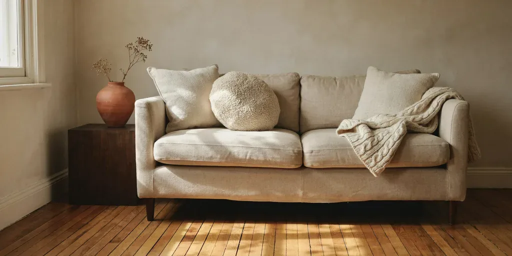 An oat linen sofa with cream wool and boucle pillow covers and a chunky knit throw