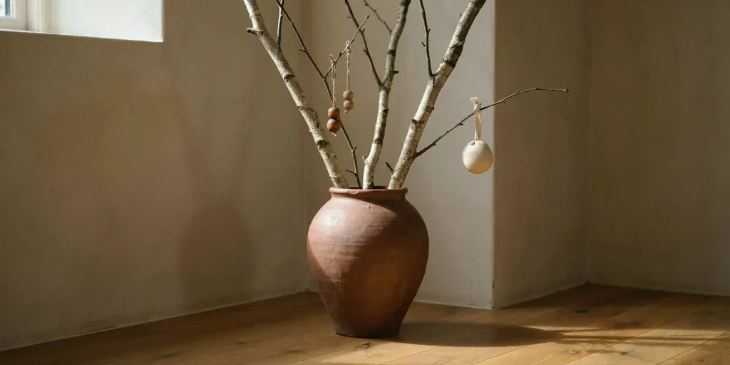 Bare birch branches standing in a large terracotta floor jug with a few wooden beads hung on them