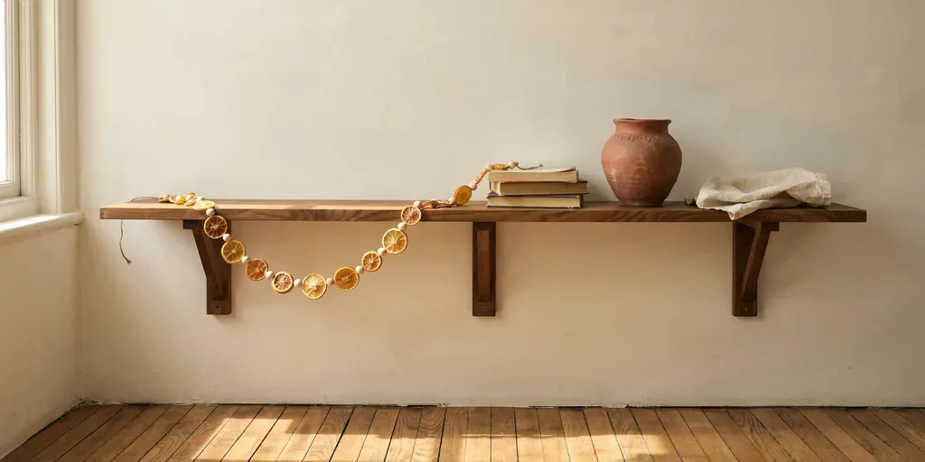 A string of dried orange slices and raw wooden beads hung along an open walnut shelf