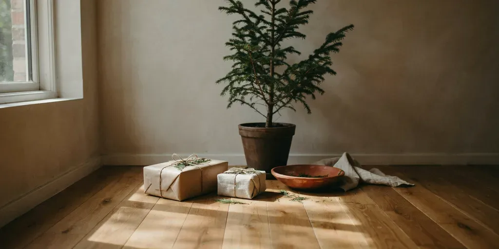 Gifts wrapped in plain brown kraft paper and cotton twine with sprigs of cedar under a tree