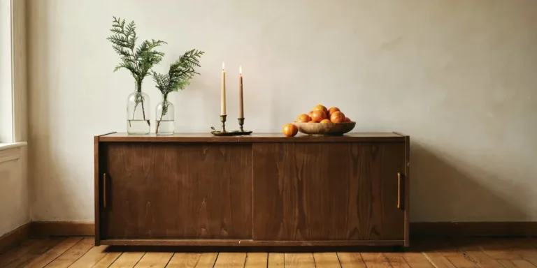 A walnut sideboard with cedar clippings in glass bottles, two lit taper candles in brass holders and a bowl of clementines