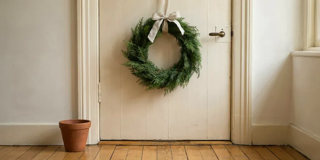 A simple round wreath of fresh cedar with a plain linen bow on the inside of a painted wooden apartment door