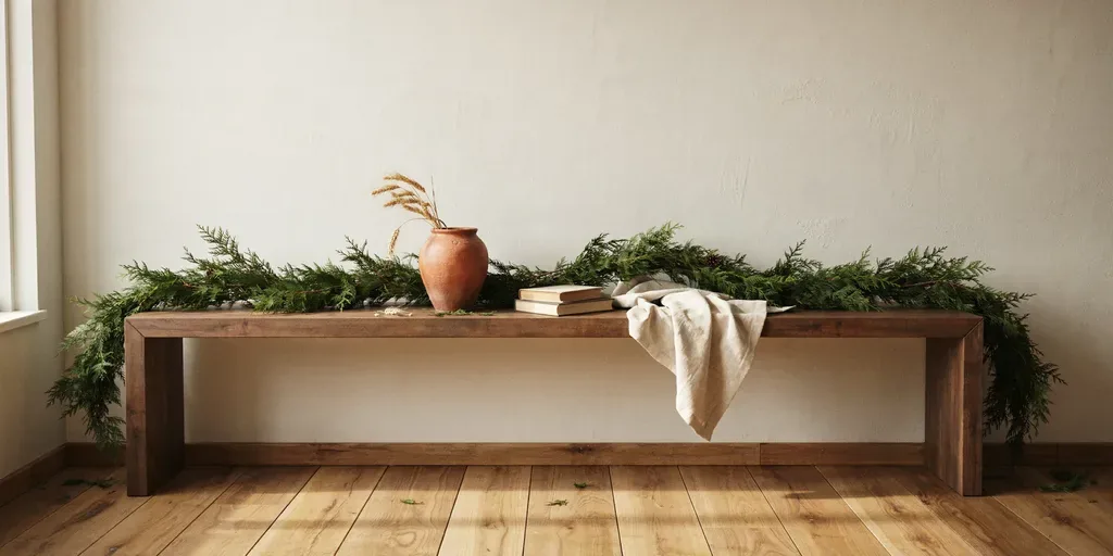 One full cedar garland along a mantel shelf, generous and slightly uneven