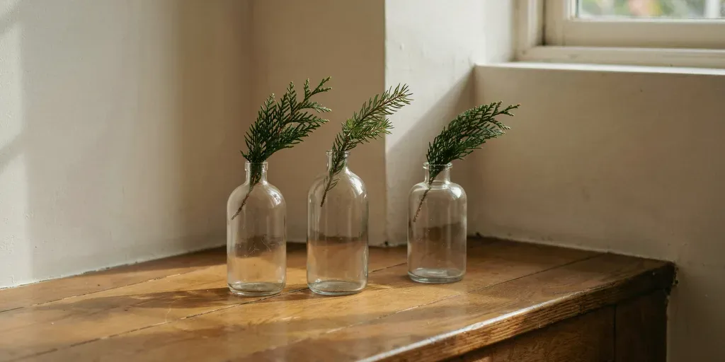 Three old clear glass bottles each holding one sprig of cedar or pine on a windowsill