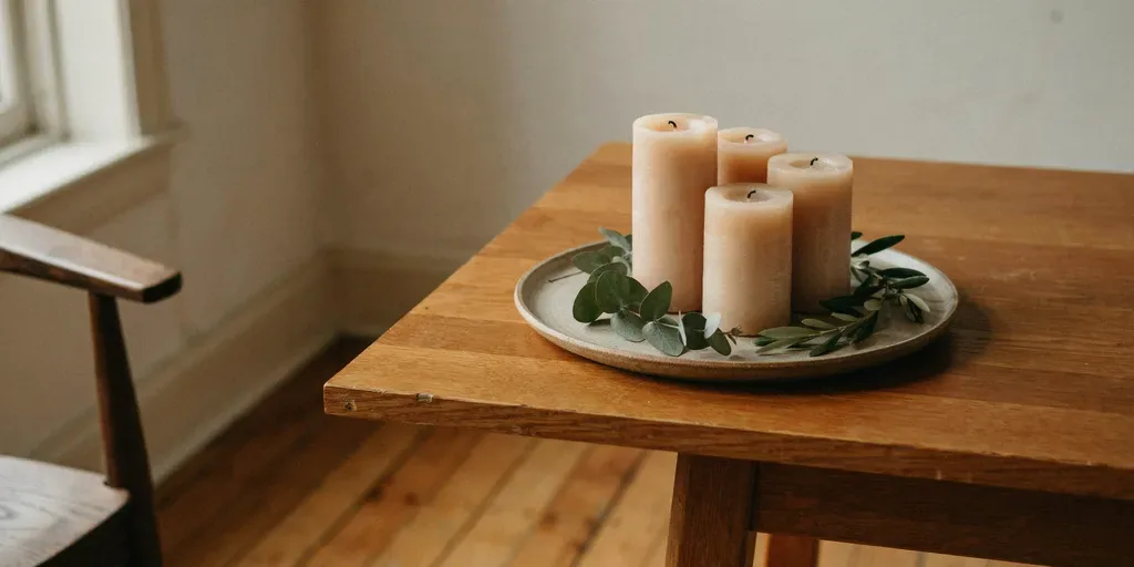 Four cream pillar candles on a plain stoneware plate with sprigs of greenery around the base