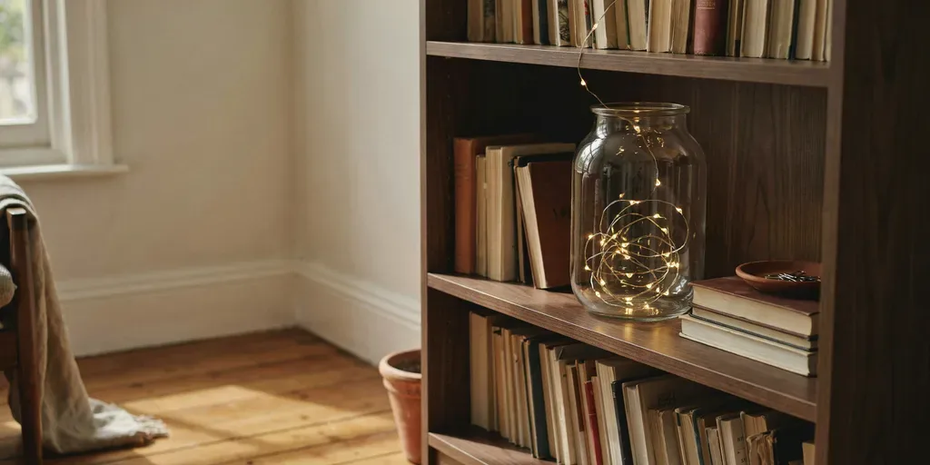 A large glass jar filled with a coil of warm white fairy lights glowing on a bookshelf