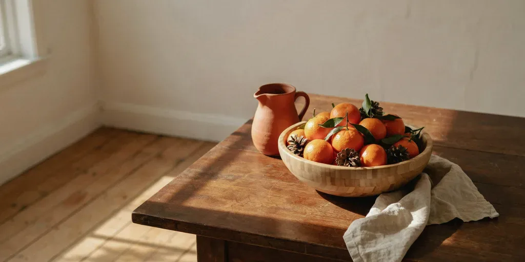 A wide wooden bowl filled with clementines with leaves and a few pine cones on a kitchen table