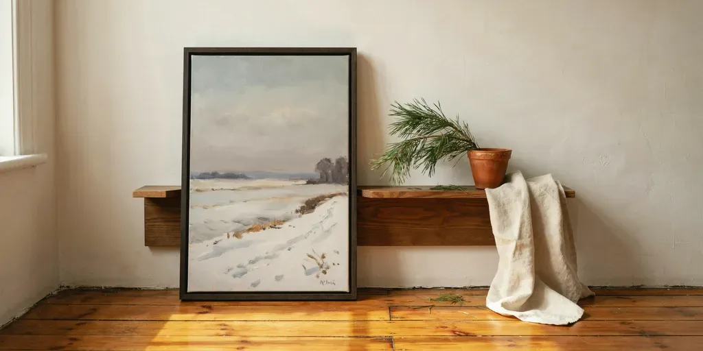 A framed muted winter landscape painting leaning on a narrow shelf with a sprig of pine beside it