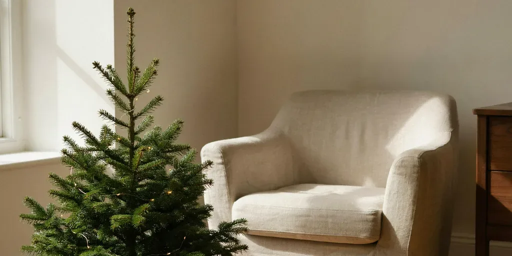 A small potted spruce in a woven seagrass basket on the floor beside an armchair